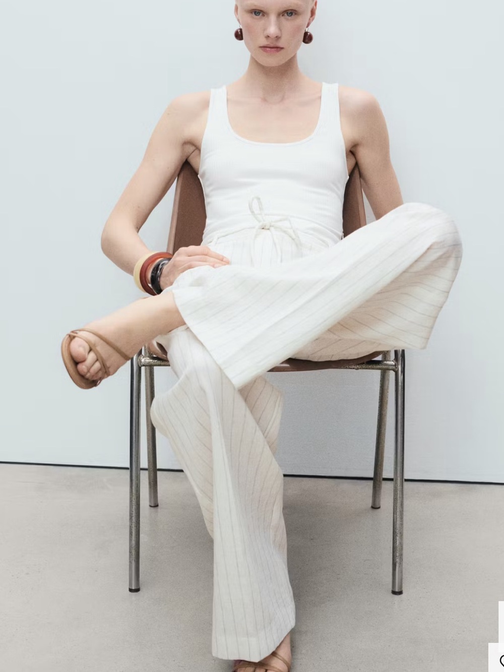 Mango Off-White Striped Wide-Leg Drawstring Pants
